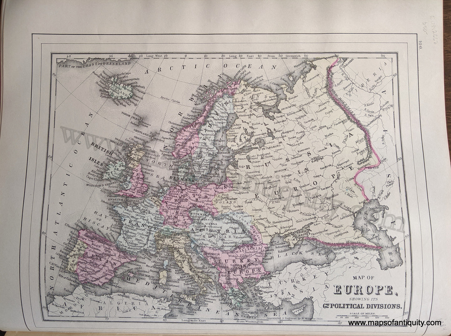 Antique-Hand-Colored-Map-Double-sided-map:-Map-of-Europe-showing-its-Gt.-Political-Divisions;-verso:-Map-of-Chili-/-Map-of-Brazil-Bolivia-Paraguay-and-Uruguay-Europe--1884-Mitchell-Maps-Of-Antiquity-1800s-19th-century