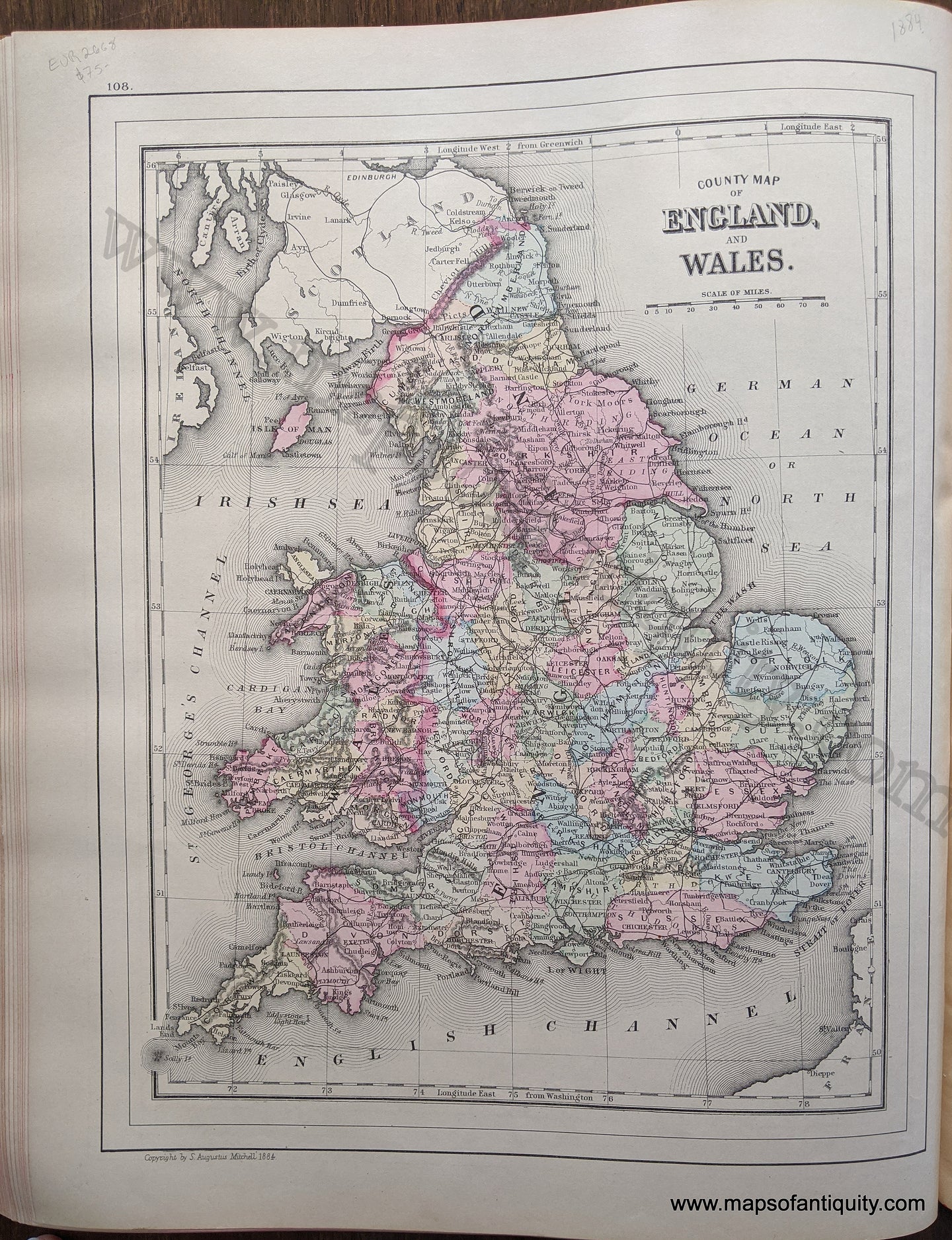 Antique-Hand-Colored-Map-County-Map-of-England-and-Wales-Europe-England-1884-Mitchell-Maps-Of-Antiquity-1800s-19th-century
