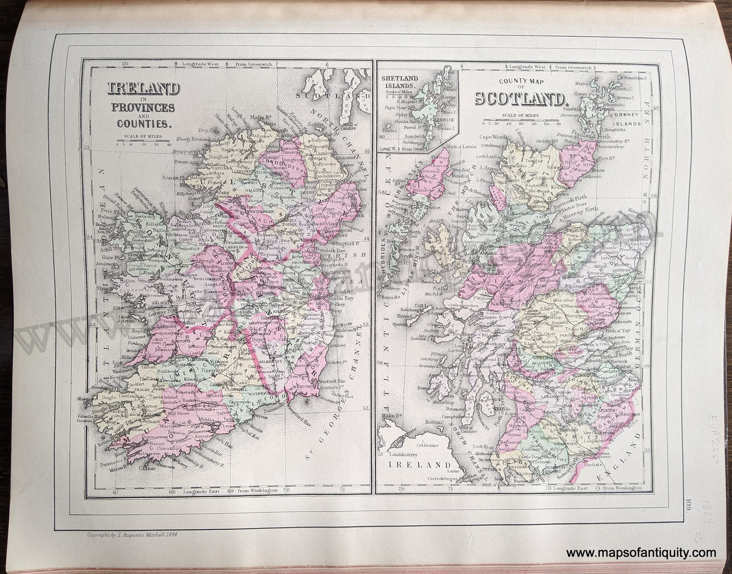 Antique-Hand-Colored-Map-Ireland-in-Provinces-and-Counties-/-County-Map-of-Scotland-with-inset-of-Shetland-Islands.--Europe-Ireland-1884-Mitchell-Maps-Of-Antiquity-1800s-19th-century
