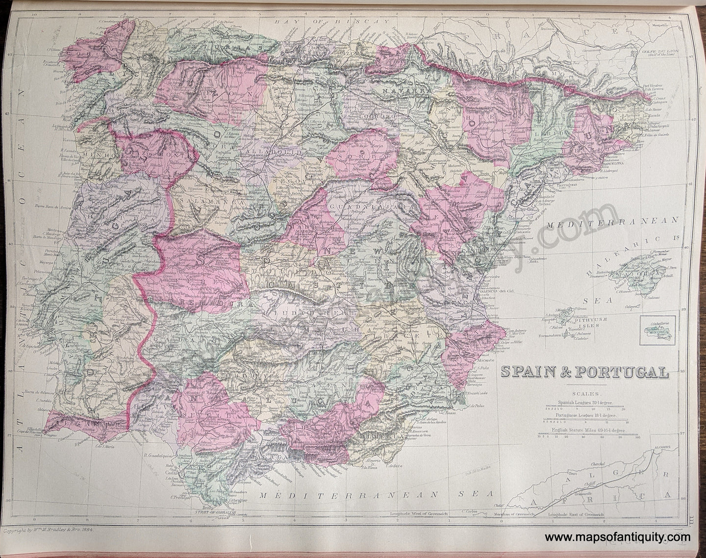 Antique-Hand-Colored-Map-Spain-&-Portugal-Europe-Spain-&-Portugal-1884-Mitchell-Maps-Of-Antiquity-1800s-19th-century