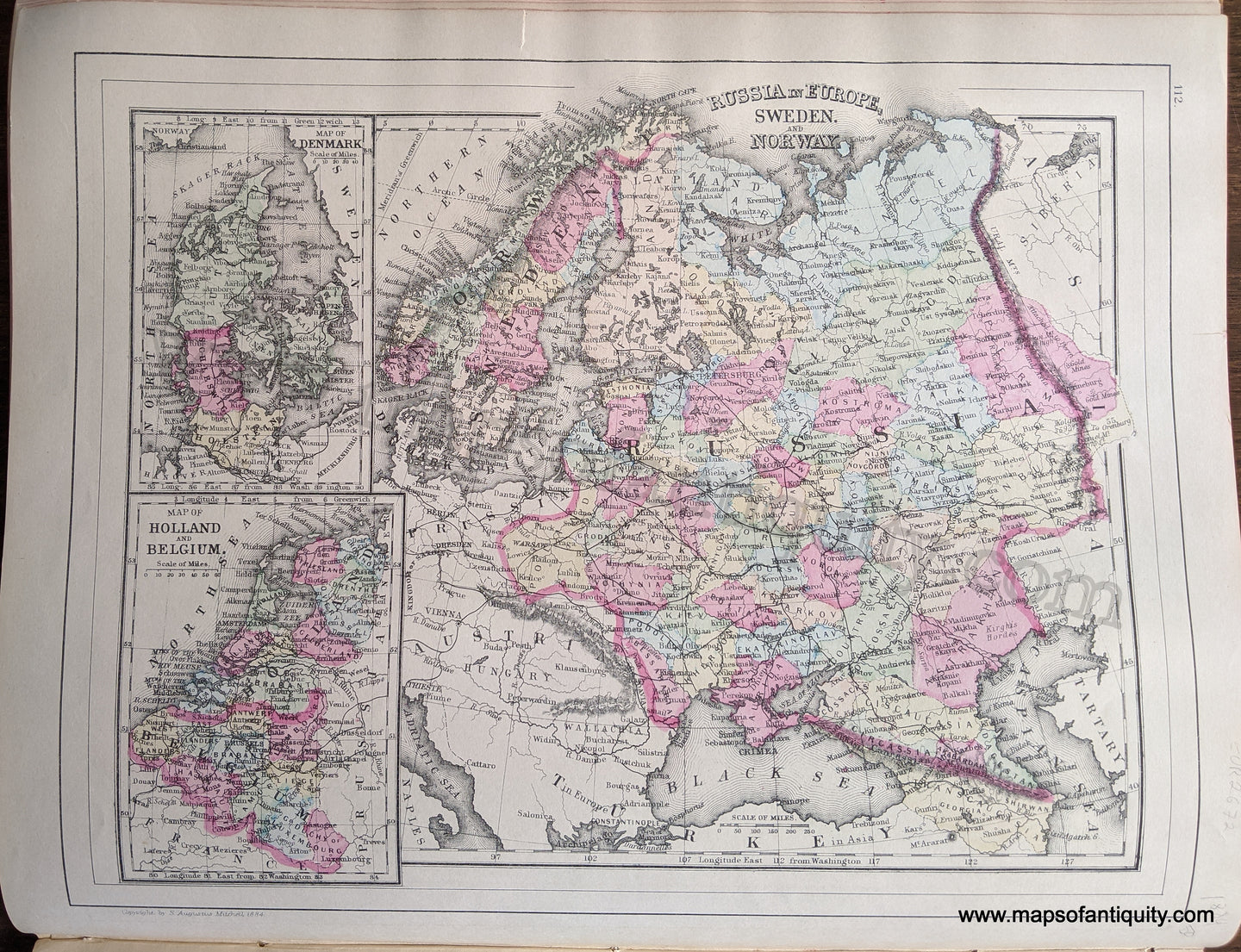 Antique-Hand-Colored-Map-Russia-in-Europe-Sweden-and-Norway-/-Map-of-Denmark-/-Map-of-Holland-and-Belgium-Europe-Russia-1884-Mitchell-Maps-Of-Antiquity-1800s-19th-century