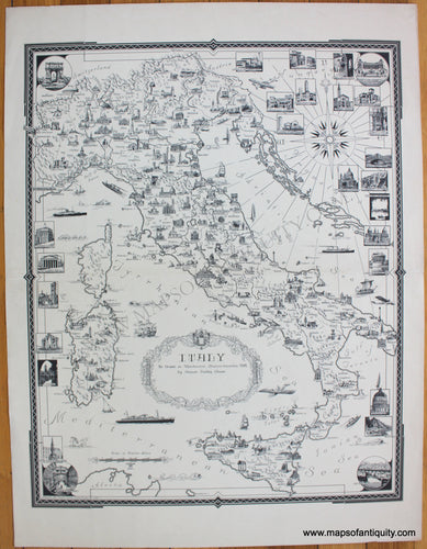 Antique-Black-and-White-Pictorial-Map-Italy-Europe-Italy-1935-Ernest-Dudley-Chase-Maps-Of-Antiquity-1800s-19th-century