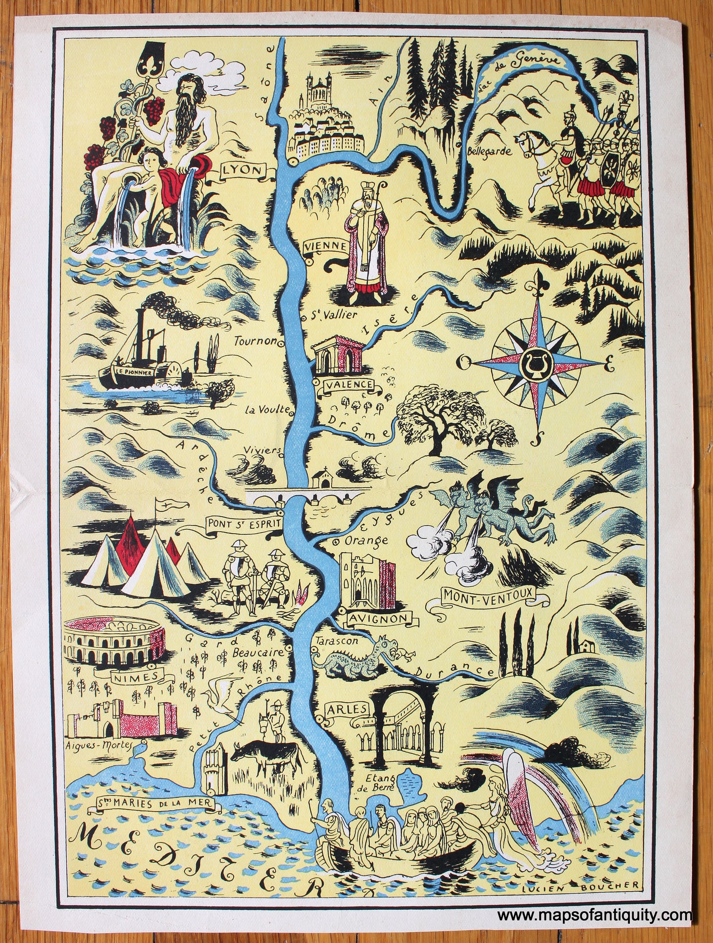 1944 - Map of the River Rhone - Antique Pictorial Map