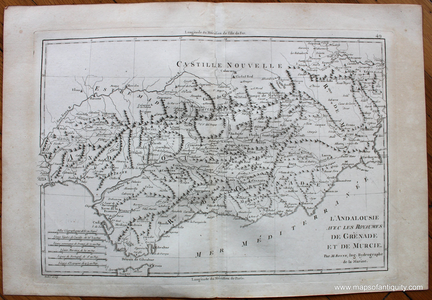 Genuine-Antique-Map-l'Andalousie-avec-les-Royaumes-de-Grenade-et-de-Murcie-Europe-Spain-&-Portugal-1787-Bonne-and-Desmarest-Maps-Of-Antiquity-1800s-19th-century