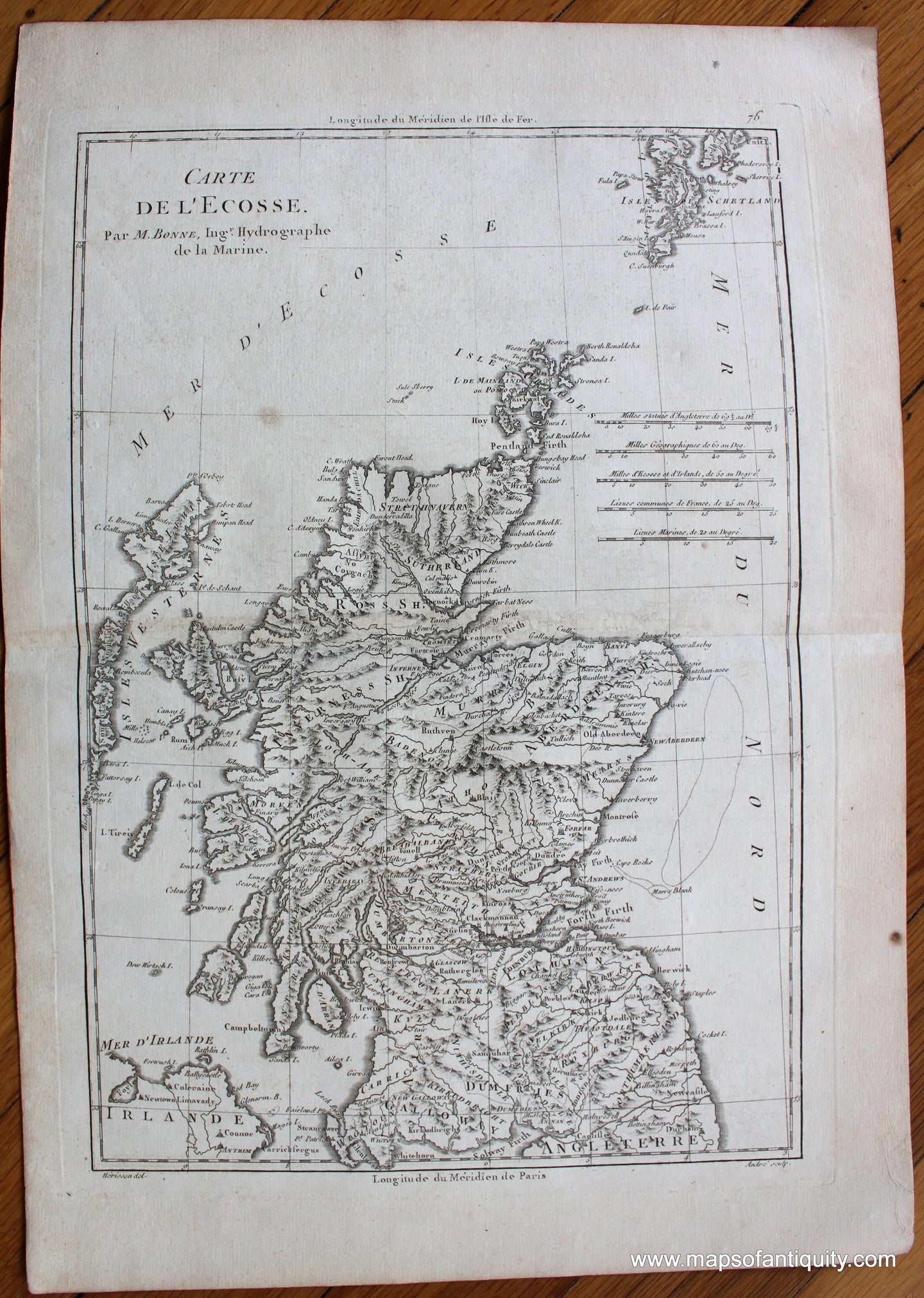 Genuine-Antique-Map-Carte-de-l'Ecosse-Europe-Scotland-1787-Bonne-and-Desmarest-Maps-Of-Antiquity-1800s-19th-century