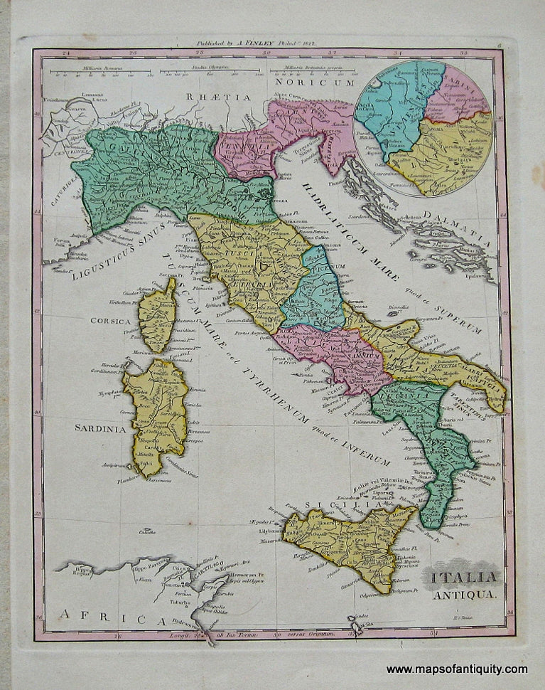 Antique-Hand-Colored-Map-Italia-Antiqua.-**********-Europe-Italy-1827-Anthony-Finley-Maps-Of-Antiquity