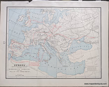 Load image into Gallery viewer, Genuine-Antique-Printed-Color-Comparative-Chart-Europe-showing-the-general-direction-of-the-Barbarian-Inroads-on-the-Fall-of-the-Roman-Empire;-verso:-Map-of-Europe-A.D.-500-Europe--1892-Home-Library-&amp;-Supply-Association-Maps-Of-Antiquity-1800s-19th-century
