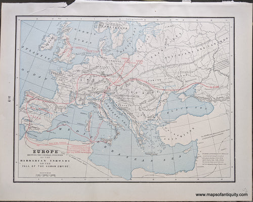 Genuine-Antique-Printed-Color-Comparative-Chart-Europe-showing-the-general-direction-of-the-Barbarian-Inroads-on-the-Fall-of-the-Roman-Empire;-verso:-Map-of-Europe-A.D.-500-Europe--1892-Home-Library-&-Supply-Association-Maps-Of-Antiquity-1800s-19th-century