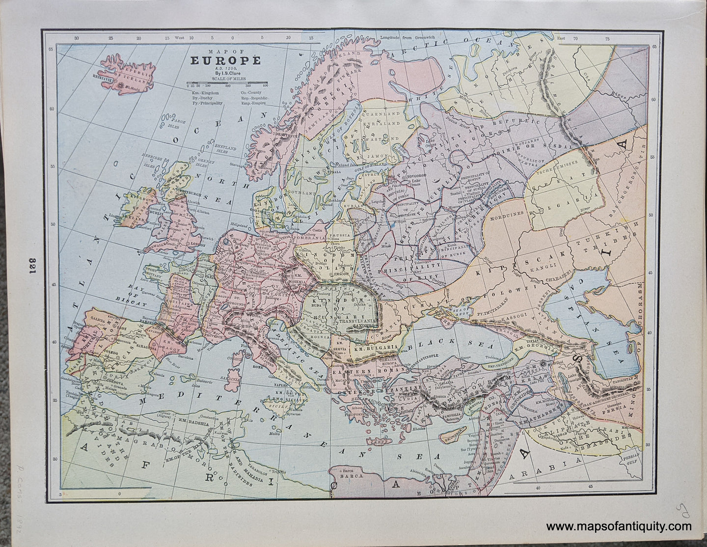 Genuine-Antique-Printed-Color-Comparative-Chart-Map-of-Europe-A.D.-1200;-verso:-Map-of-Europe-A.D.-1400-Europe--1892-Home-Library-&-Supply-Association-Maps-Of-Antiquity-1800s-19th-century