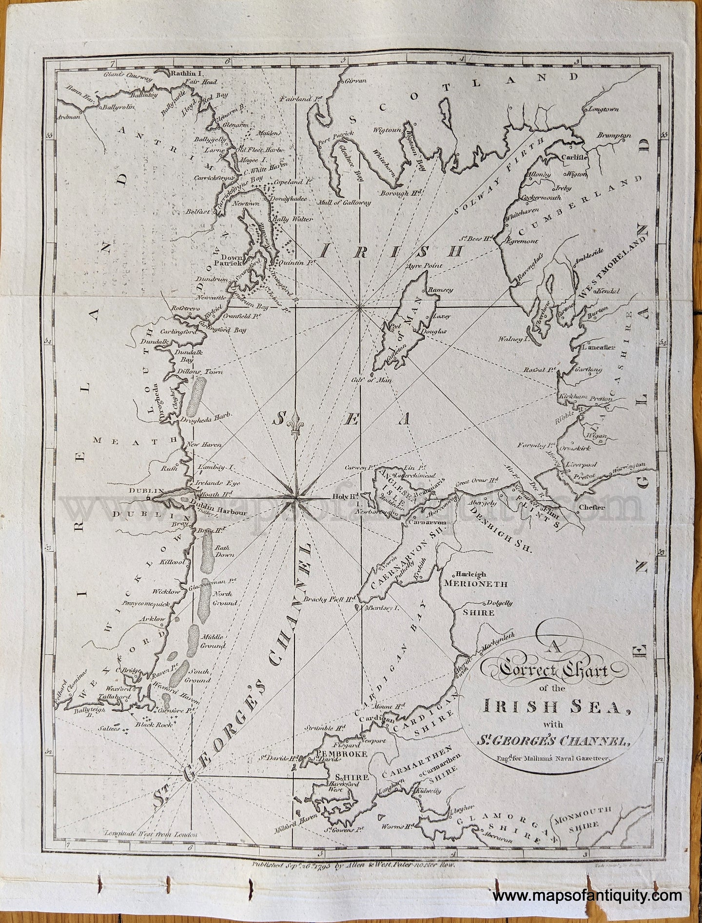 Genuine-Antique-Map-A-Correct-Chart-of-the-Irish-Sea-with-St-George's-Channel-Europe--1795-Malham's-Naval-Gazetteer-Maps-Of-Antiquity-1800s-19th-century