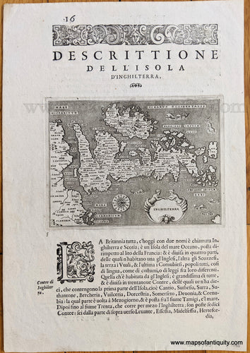 Genuine-Antique-Map-Descrittione-dell'isola-d'Inghilterra-Europe-United-Kingdom-c.-1580--Tommaso-Porcacchi-Maps-Of-Antiquity-1800s-19th-century