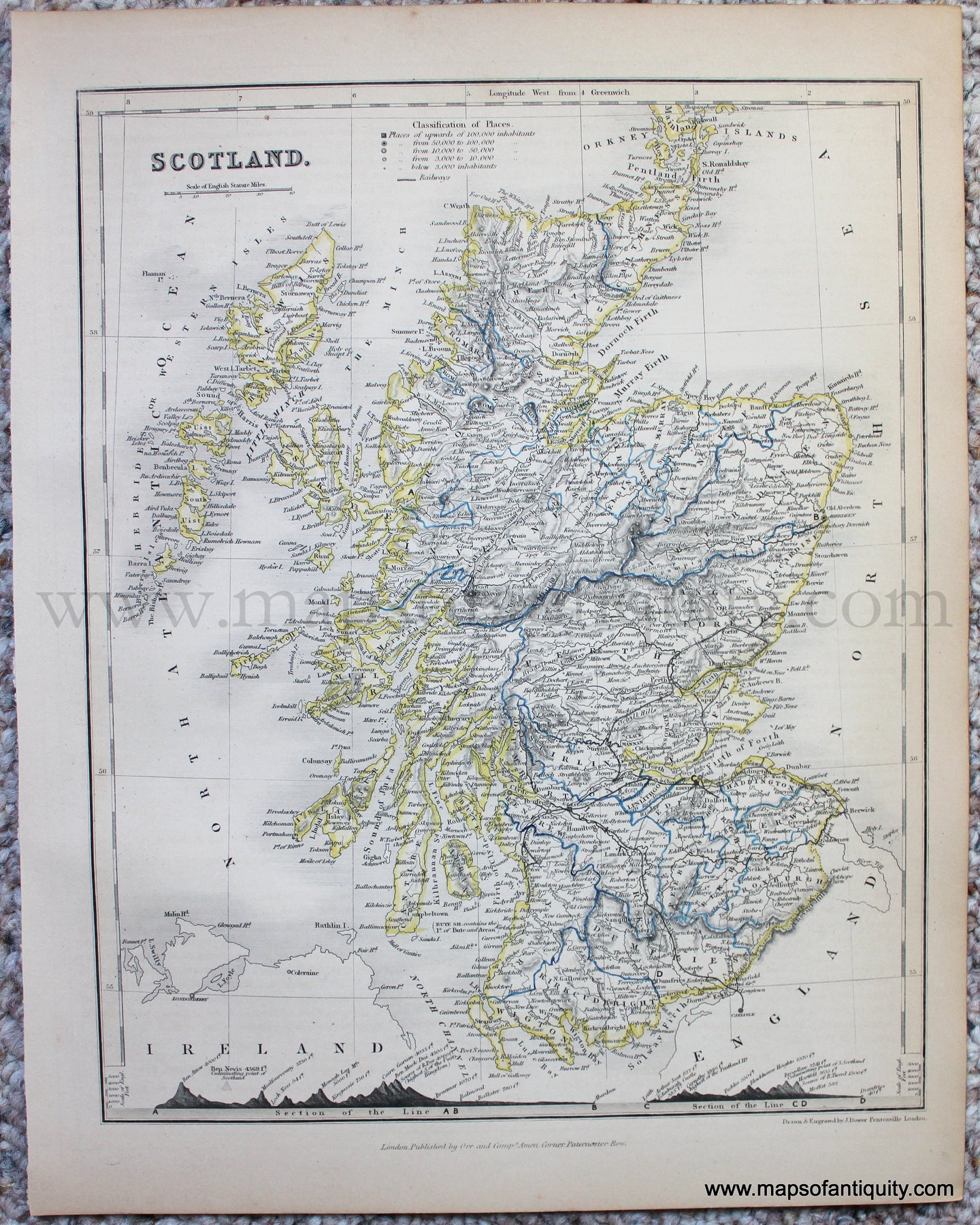 Genuine-Antique-Map-Scotland-Europe-Scotland-1850-Petermann-/-Orr-/-Dower-Maps-Of-Antiquity-1800s-19th-century