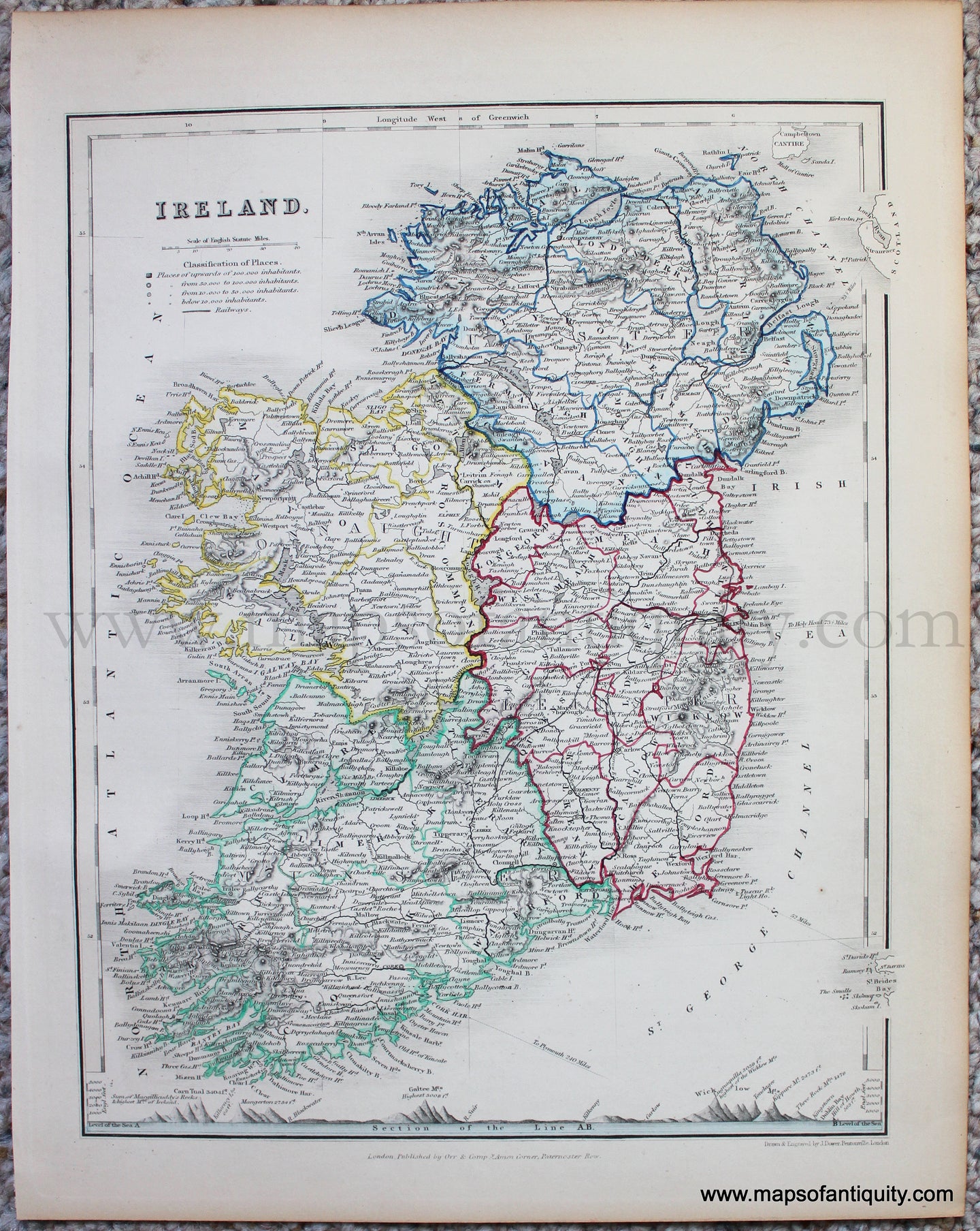 Genuine-Antique-Map-Ireland-Europe-Ireland-1850-Petermann-/-Orr-/-Dower-Maps-Of-Antiquity-1800s-19th-century