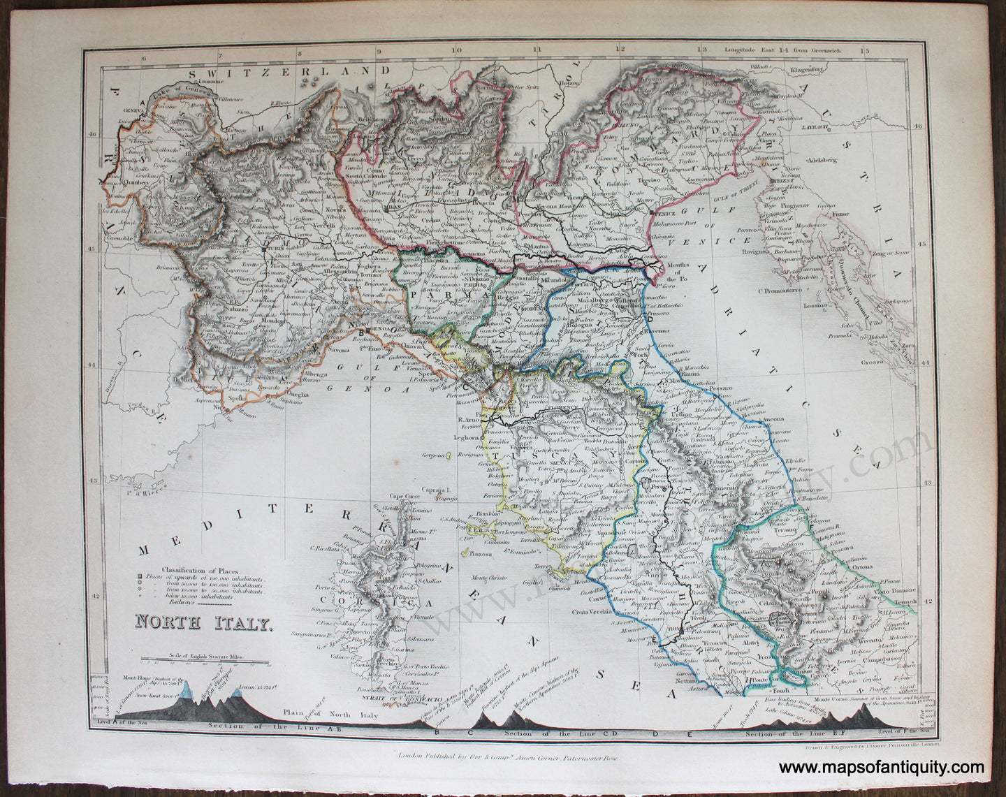 Genuine-Antique-Map-North-Italy-Europe-Italy-1850-Petermann-/-Orr-/-Dower-Maps-Of-Antiquity-1800s-19th-century
