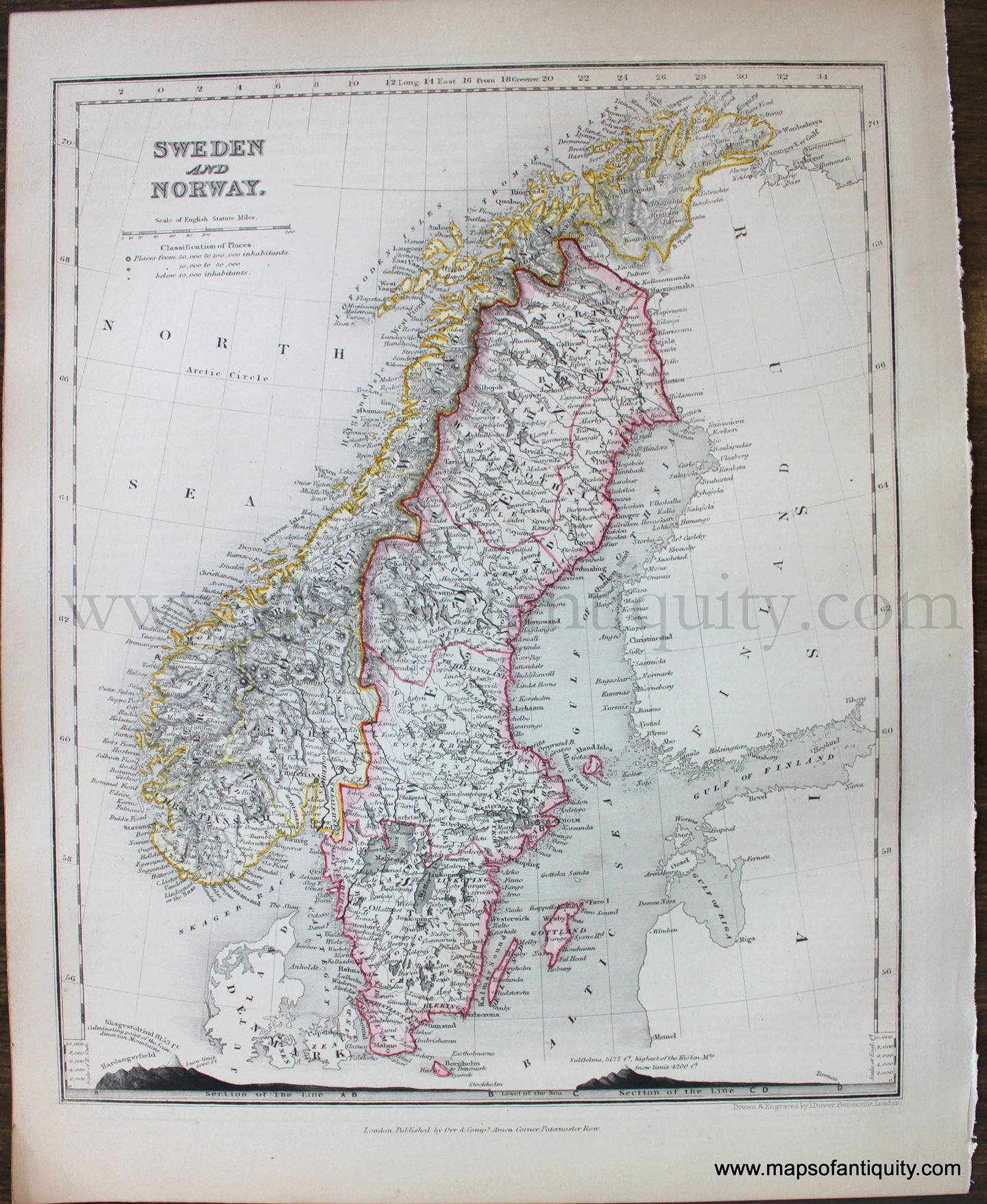 Genuine-Antique-Map-Sweden-and-Norway-Europe--1850-Petermann-/-Orr-/-Dower-Maps-Of-Antiquity-1800s-19th-century