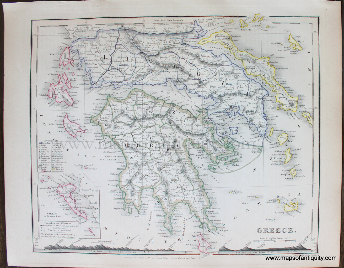 Genuine-Antique-Map-Greece-Europe--1850-Petermann-/-Orr-/-Dower-Maps-Of-Antiquity-1800s-19th-century