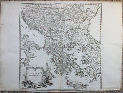 Genuine-Antique-Hand-Colored-Map-Turquie-Europeenne-Europe-Greece-1755-Robert-de-Vaugondy-Maps-Of-Antiquity-1800s-19th-century