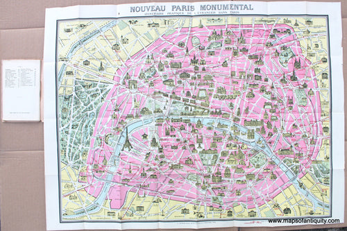 1925 - Nouveau Paris Monumental; verso: Monuments et Vues des Environs de Paris. - Antique Map