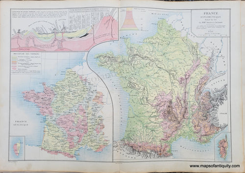 Genuine-Antique-Map-France-Hypsometrique-Relief-du-Sol,-France-Geologique,-Indication-des-Terrains---France-Hypsometric-Relief-of-the-Soil-(elevation),-Geological-France,-Indication-of-Land-1875-Drioux-&-Leroy-EUR2824-Maps-Of-Antiquity