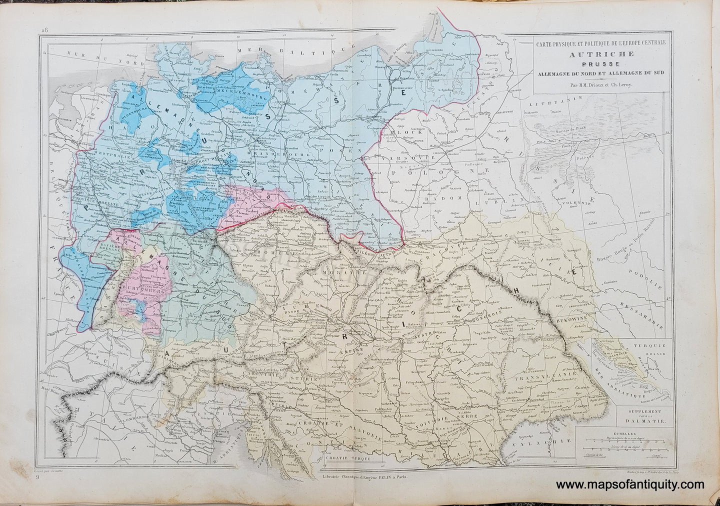 Genuine-Antique-Map-Carte-Physique-et-Politique-de-l'Europe-Centrale-Autriche,-Prusse,-Allemagne-du-Nord-et-Allemagne-du-Sud---Physical-and-Political-Map-of-Central-Europe-Austria,-Prussia,-North-Germany-and-South-Germany-1875-Drioux-&-Leroy-EUR2830-Maps-Of-Antiquity