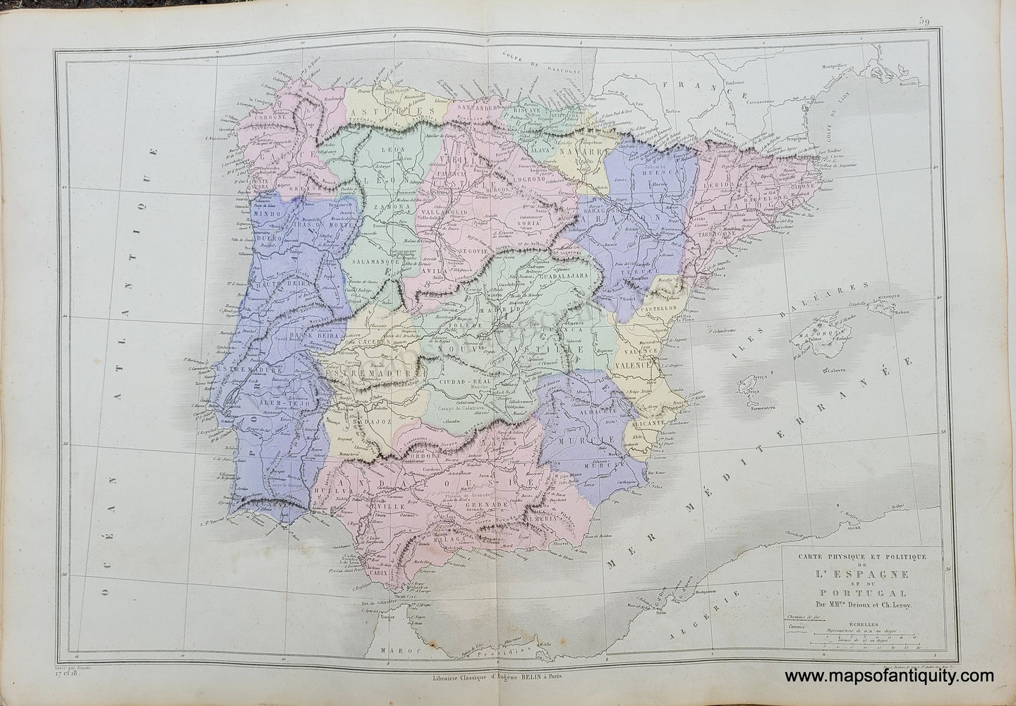 Genuine-Antique-Map-Carte-Physique-et-Politique-de-l'Espange-et-du-Portugal---Physical-and-Political-Map-of-Spain-and-Portugal-1875-Drioux-&-Leroy-EUR2835-Maps-Of-Antiquity