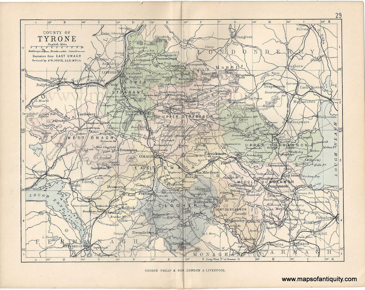 Genuine-Antique-Map-Ireland-County-of-Tyrone-1884-George-Philip-&-Son-Maps-Of-Antiquity