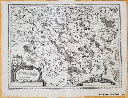Genuine-Antique-Map-Carte-geometrique-des-environs-de-l'estang-de-Longpendu-:-d'ont-l'eau-tombe-dans-l'ocean-et-dans-la-Mediterranee-comprenant-grand-part-du-Comte-du-Charolois-1630s-Mercator/Hondius/Janssonius-Maps-Of-Antiquity