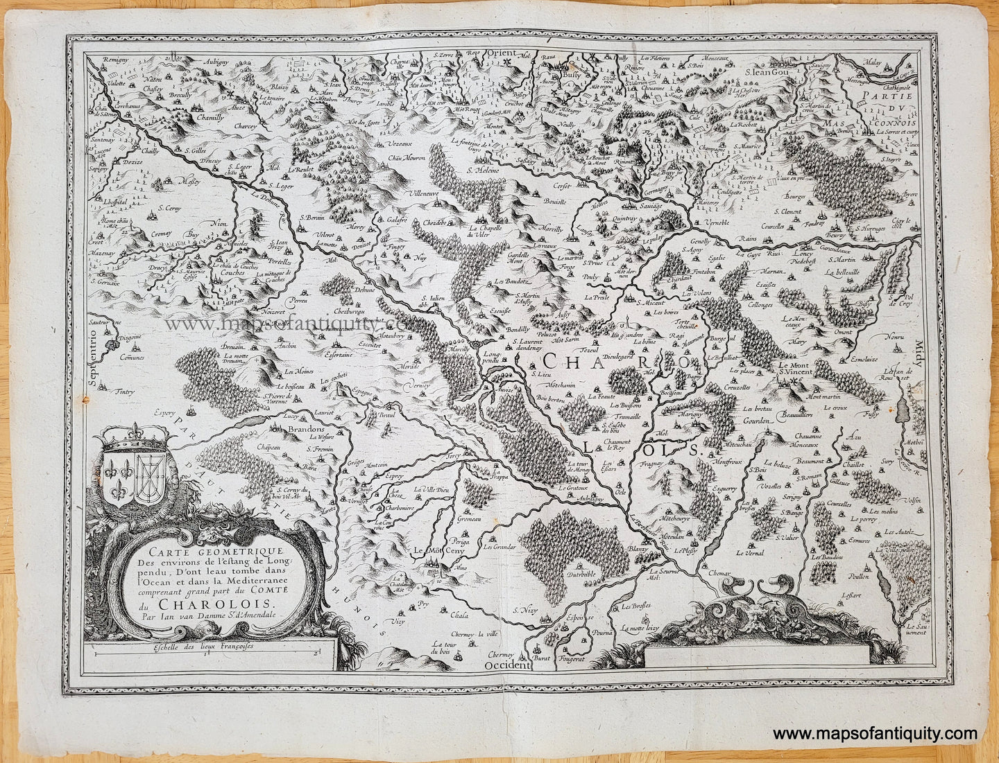 Genuine-Antique-Map-Carte-geometrique-des-environs-de-l'estang-de-Longpendu-:-d'ont-l'eau-tombe-dans-l'ocean-et-dans-la-Mediterranee-comprenant-grand-part-du-Comte-du-Charolois-1630s-Mercator/Hondius/Janssonius-Maps-Of-Antiquity