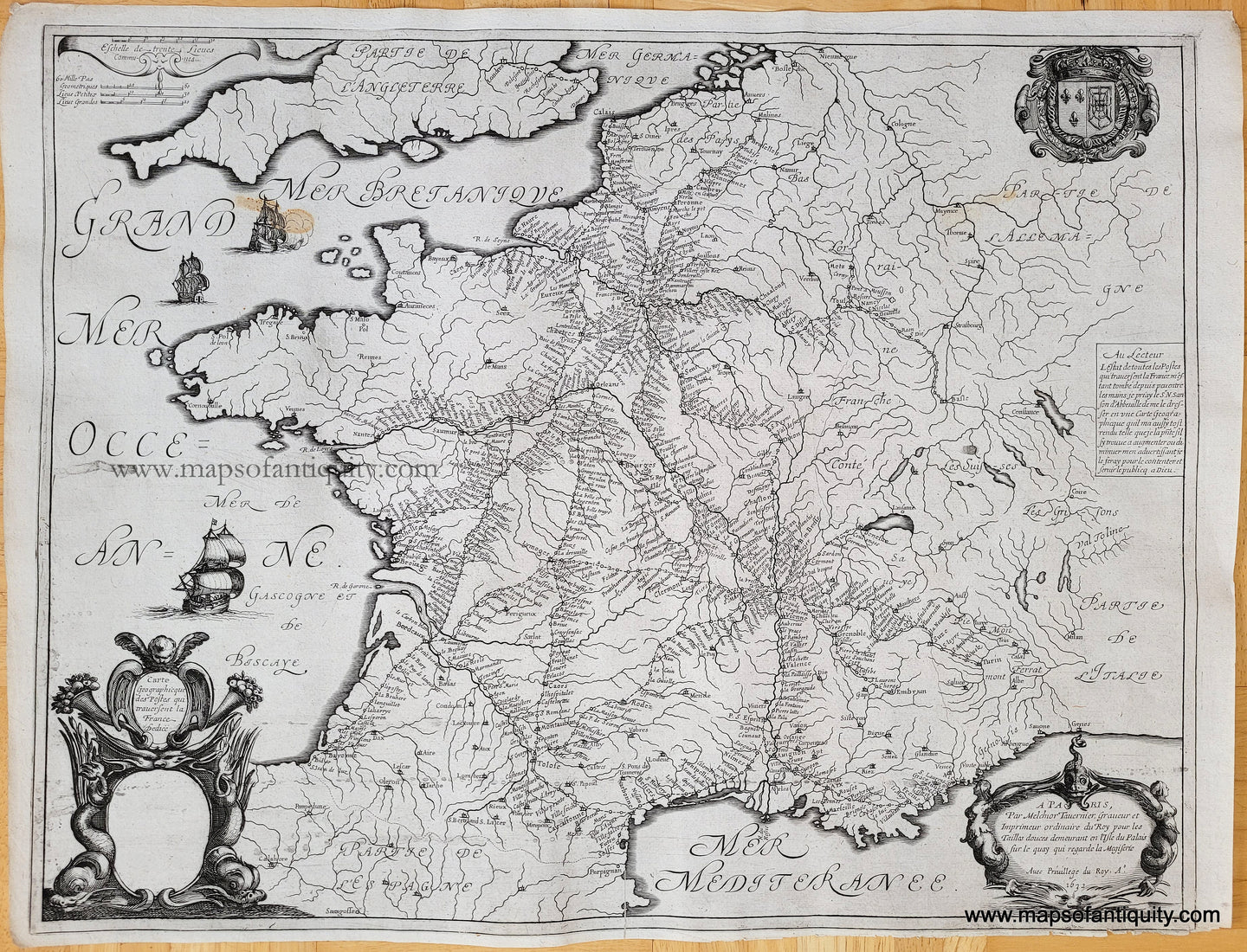 Genuine-Antique-Map-France-Postal-Routes-17th-century--Carte-Geographique-des-postes-qui-traversent-la-France-1630s-Hondius/Janssonius-Maps-Of-Antiquity