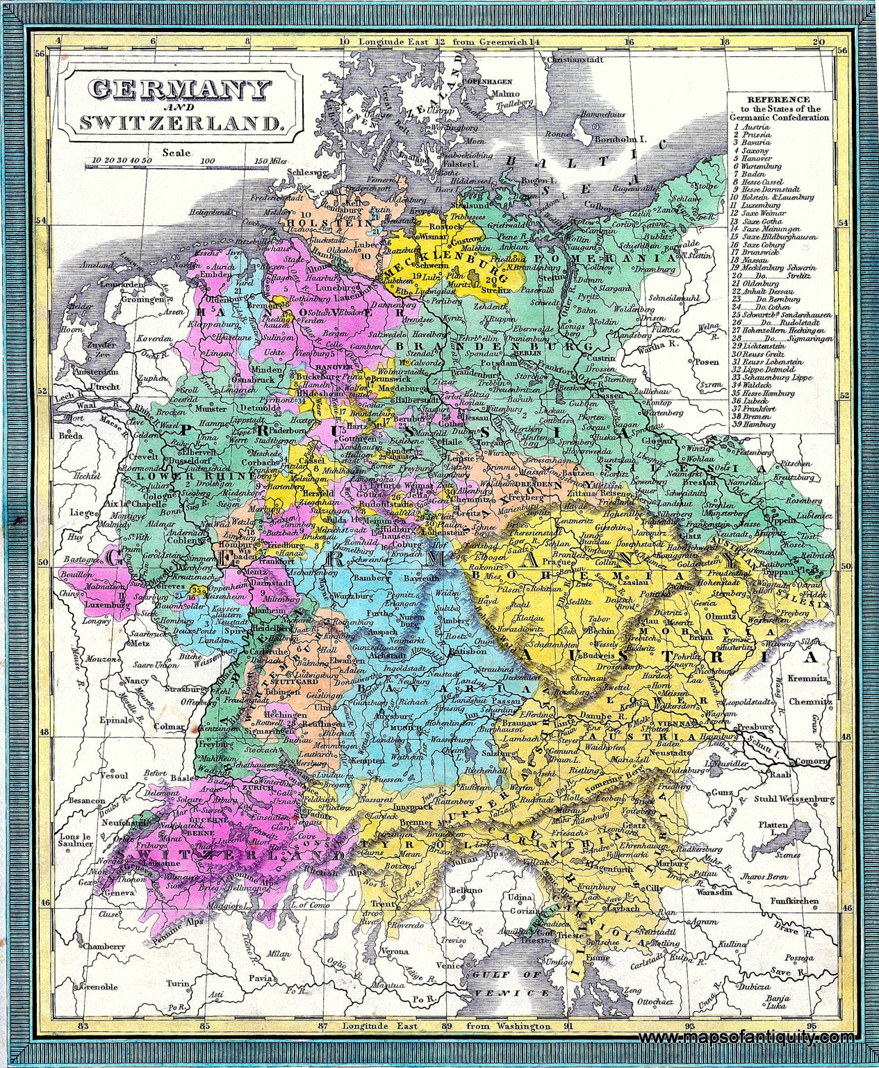 Antique-Hand-Colored-Map-Germany-and-Switzerland.-Europe-Germany-1832-C.S.-Williams-Maps-Of-Antiquity