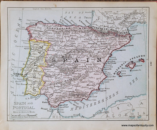 Genuine-Antique-Map-Spain-and-Portugal-1900-Rand-McNally-Maps-Of-Antiquity