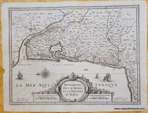 Genuine-Antique-Map-France---Bourdelois-Pays-de-Medoc-et-la-Prevoste-de-Born-1630s-Mercator-Hondius-Janssonius-Maps-Of-Antiquity