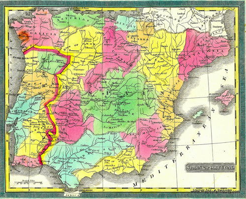 Antique-Hand-Colored-Map-Spain-and-Portugal-Europe-Spain-and-Portugal-1832-C.S.-Williams-Maps-Of-Antiquity