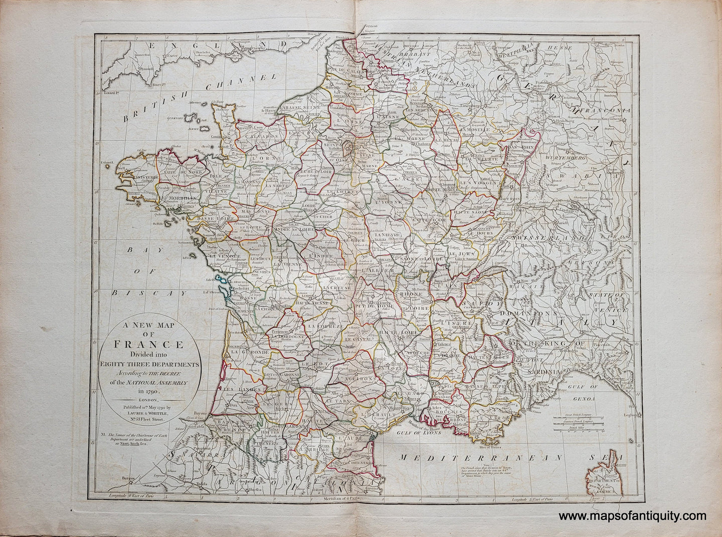Genuine-Antique-Map-A-New-Map-of-France-Divided-into-Eighty-Three-Departments-According-to-the-Decree-of-the-National-Assembly-in-1790.-1794-Laurie-and-Whittle-Maps-Of-Antiquity