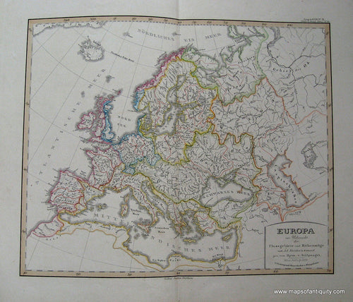 Antique-Hand-Colored-Map-Europa-zur-Uebersicht-der-Flussgebiete-und-Hohenzuge-Europe-Europe-General-circa-1852-Stieler-Maps-Of-Antiquity