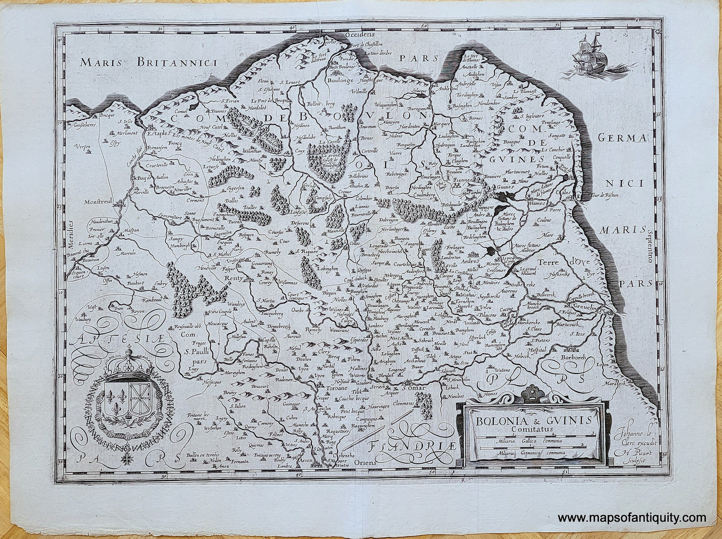Genuine-Antique-Map-France---Bolonia-&-Guinis-Comitatus-1630s-Le-Clerc-/-Tavernier-Maps-Of-Antiquity