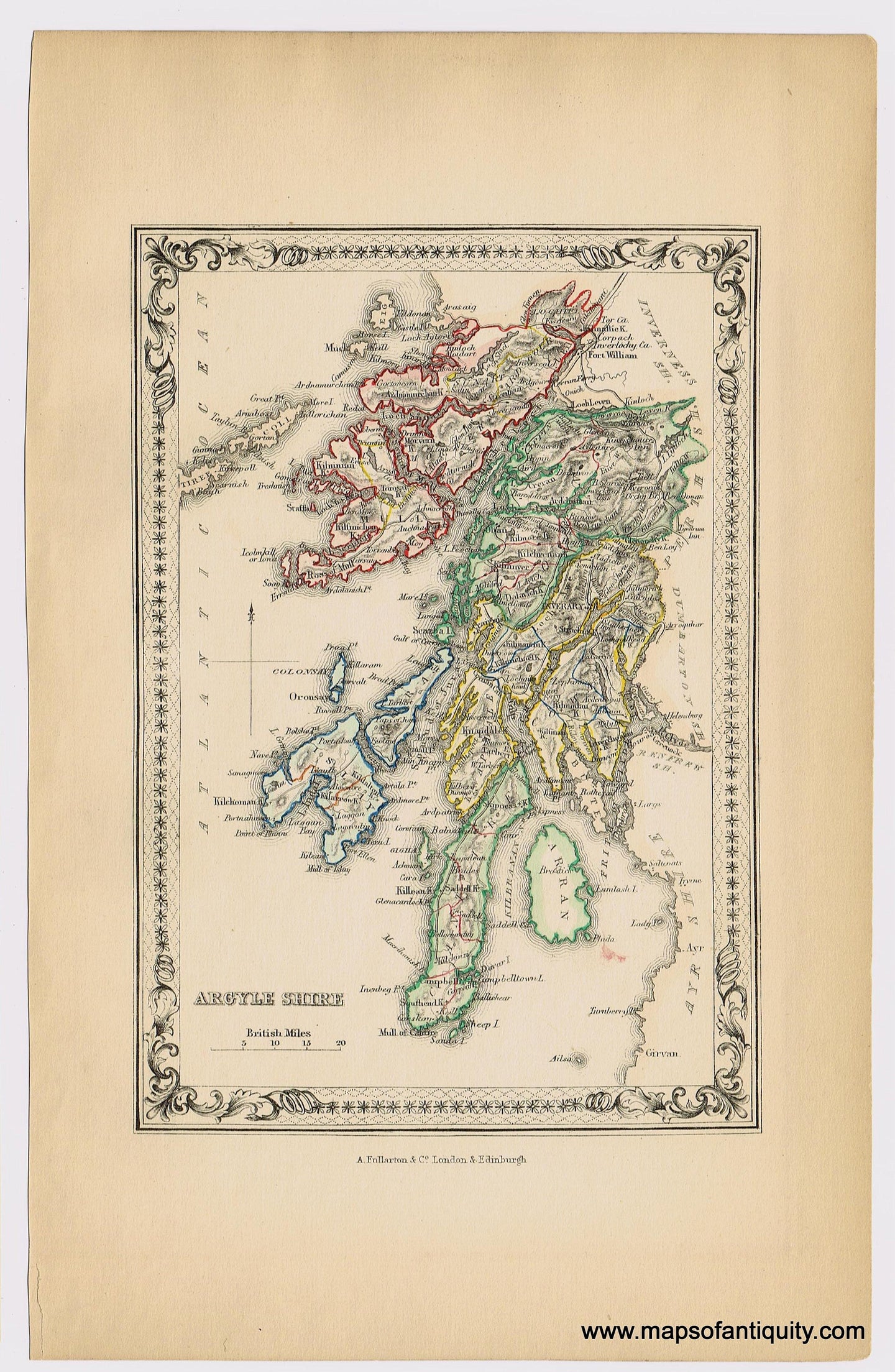 Genuine-Antique-Hand-colored-Map-Argyle-Shire-Scotland--1855-A-Fullarton-Co--Maps-Of-Antiquity