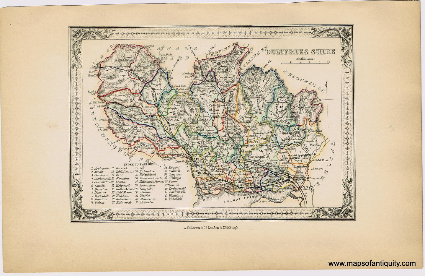 Genuine-Antique-Hand-colored-Map-Dumfries-Shire-Scotland--1855-A-Fullarton-Co--Maps-Of-Antiquity