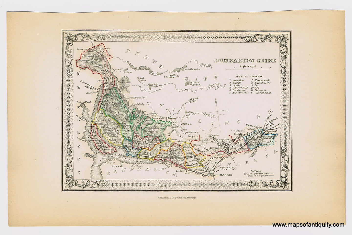 Genuine-Antique-Hand-colored-Map-Dumbarton-Shire-Scotland--1855-A-Fullarton-Co--Maps-Of-Antiquity