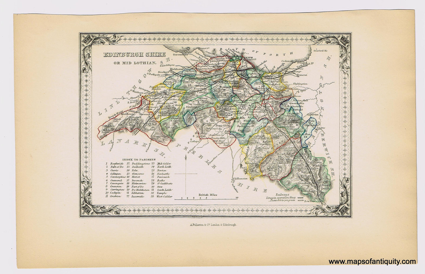 Genuine-Antique-Hand-colored-Map-Edinburgh-Shire-or-Mid-Lothian-Scotland--1855-A-Fullarton-Co--Maps-Of-Antiquity