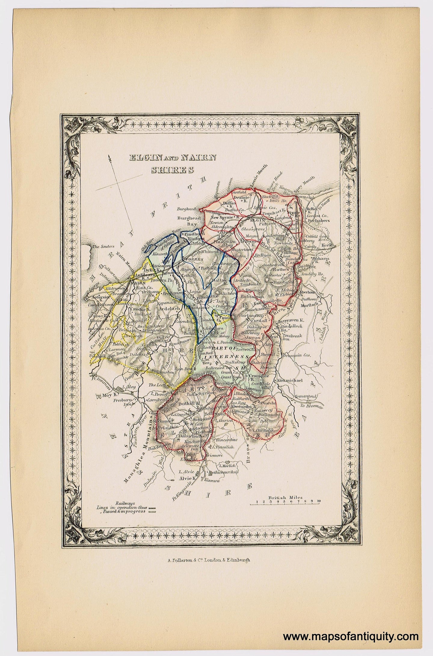 Genuine-Antique-Hand-colored-Map-Elgin-and-Nairn-Shires-Scotland--1855-A-Fullarton-Co--Maps-Of-Antiquity