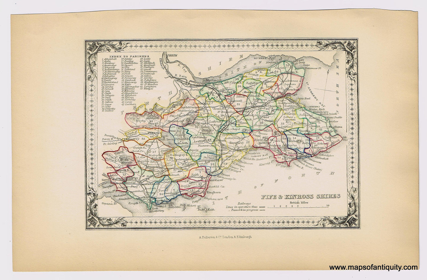 Genuine-Antique-Hand-colored-Map-Fife-and-Kinross-Shires-Scotland--1855-A-Fullarton-Co--Maps-Of-Antiquity