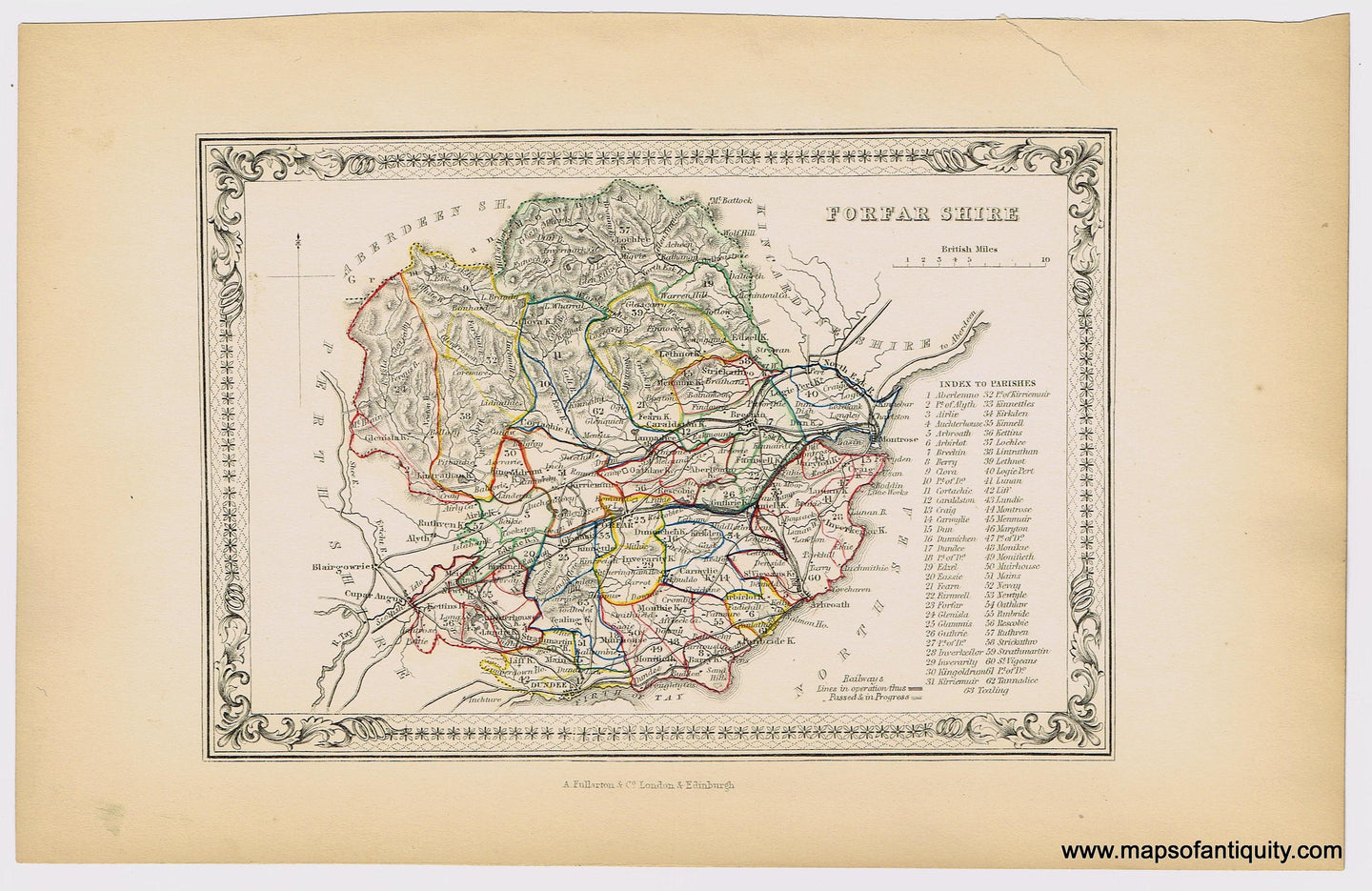 Genuine-Antique-Hand-colored-Map-Forfar-Shire-Scotland--1855-A-Fullarton-Co--Maps-Of-Antiquity