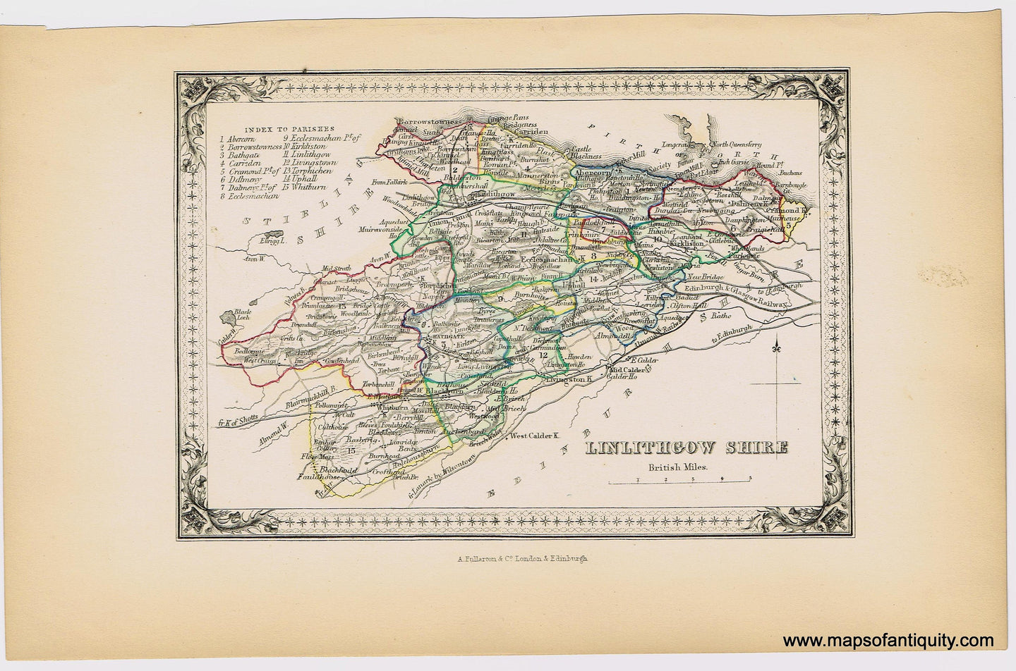 Genuine-Antique-Hand-colored-Map-Linlithgow-Shire-1855-A-Fullarton-Co--Maps-Of-Antiquity