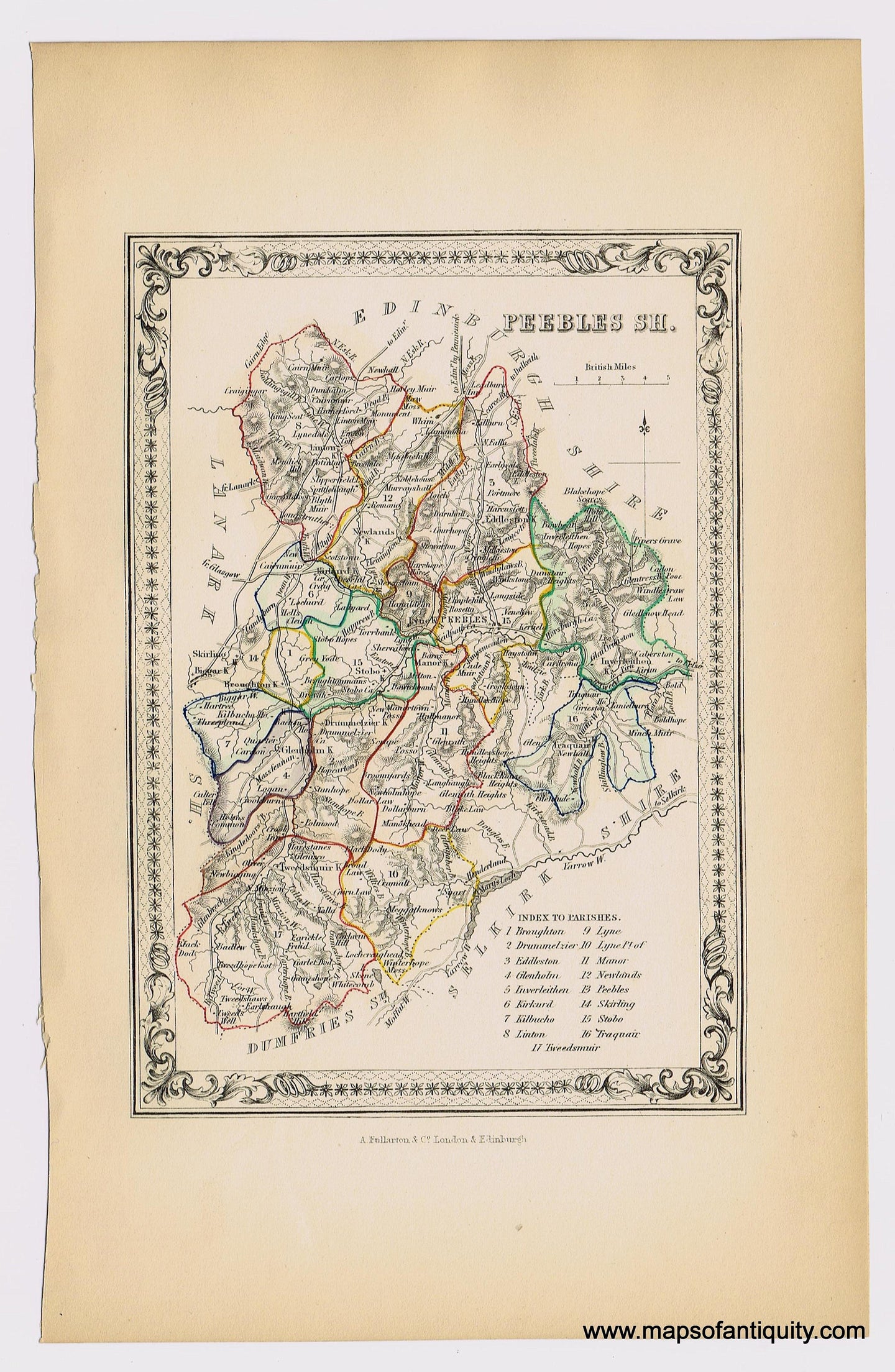 Genuine-Antique-Hand-colored-Map-Peebles-Shire-1855-A-Fullarton-Co--Maps-Of-Antiquity
