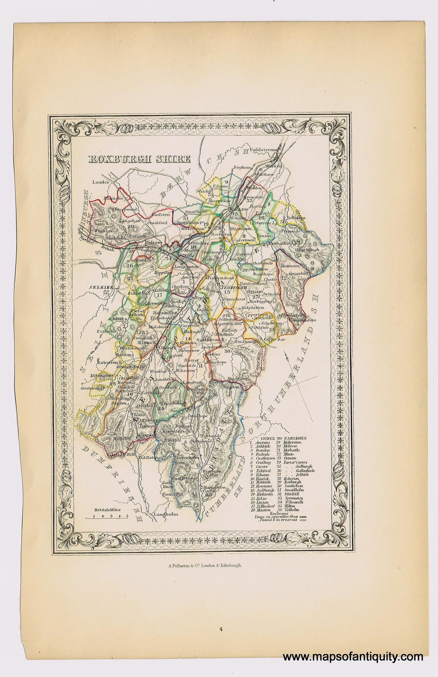 Genuine-Antique-Hand-colored-Map-Roxburgh-Shire-1855-A-Fullarton-Co--Maps-Of-Antiquity