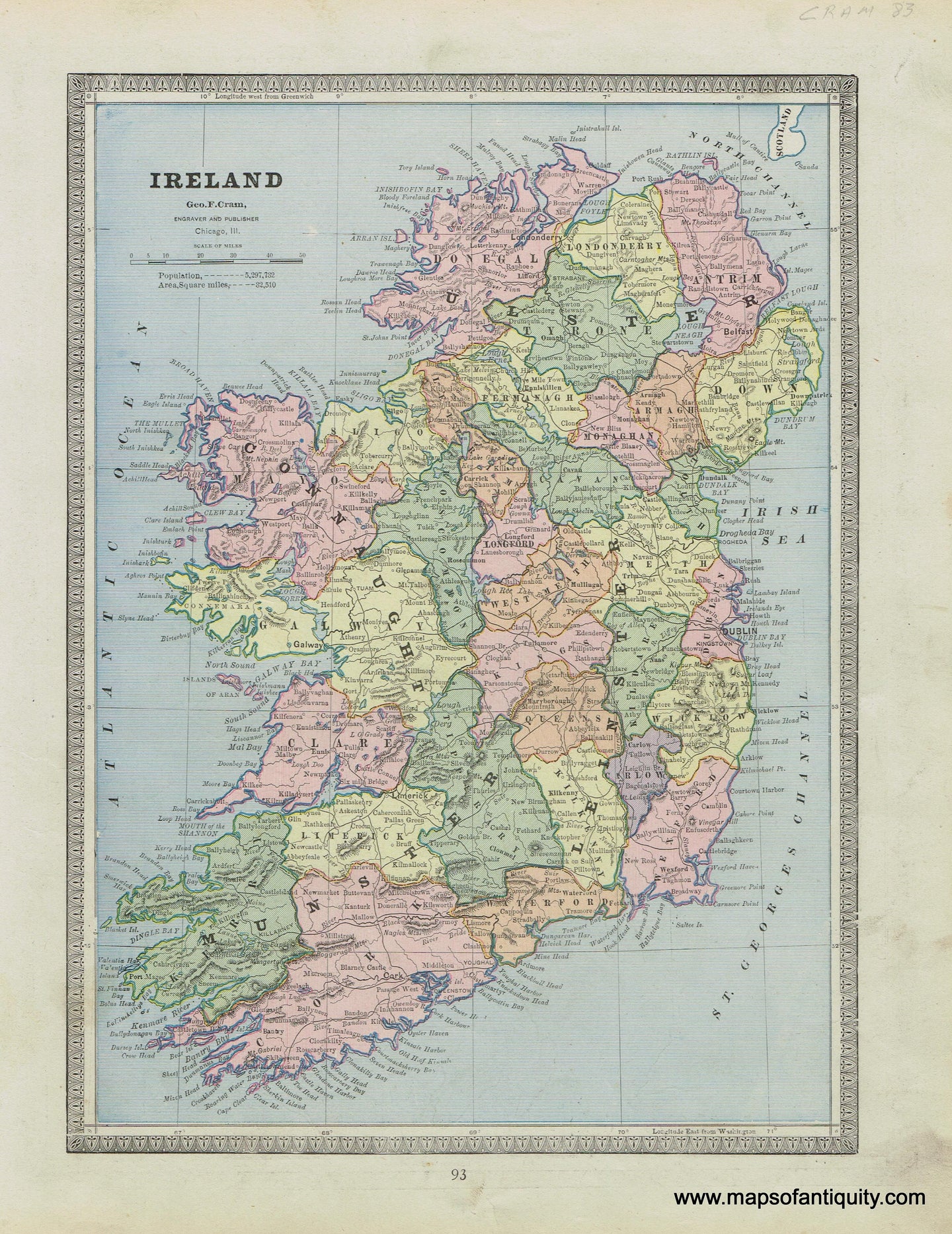 Antique-Printed-Color-Map-Scotland-verso-Ireland--Europe-Scotland-Ireland-1883-Cram-Maps-Of-Antiquity
