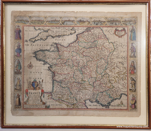 Genuine-Antique-Map-Framed-France-revised-and-augmented-the-attires-of-the-French-and-situations-of-their-chieftest-cityes-observed-by-John-Speede-1676-Speed-Maps-Of-Antiquity