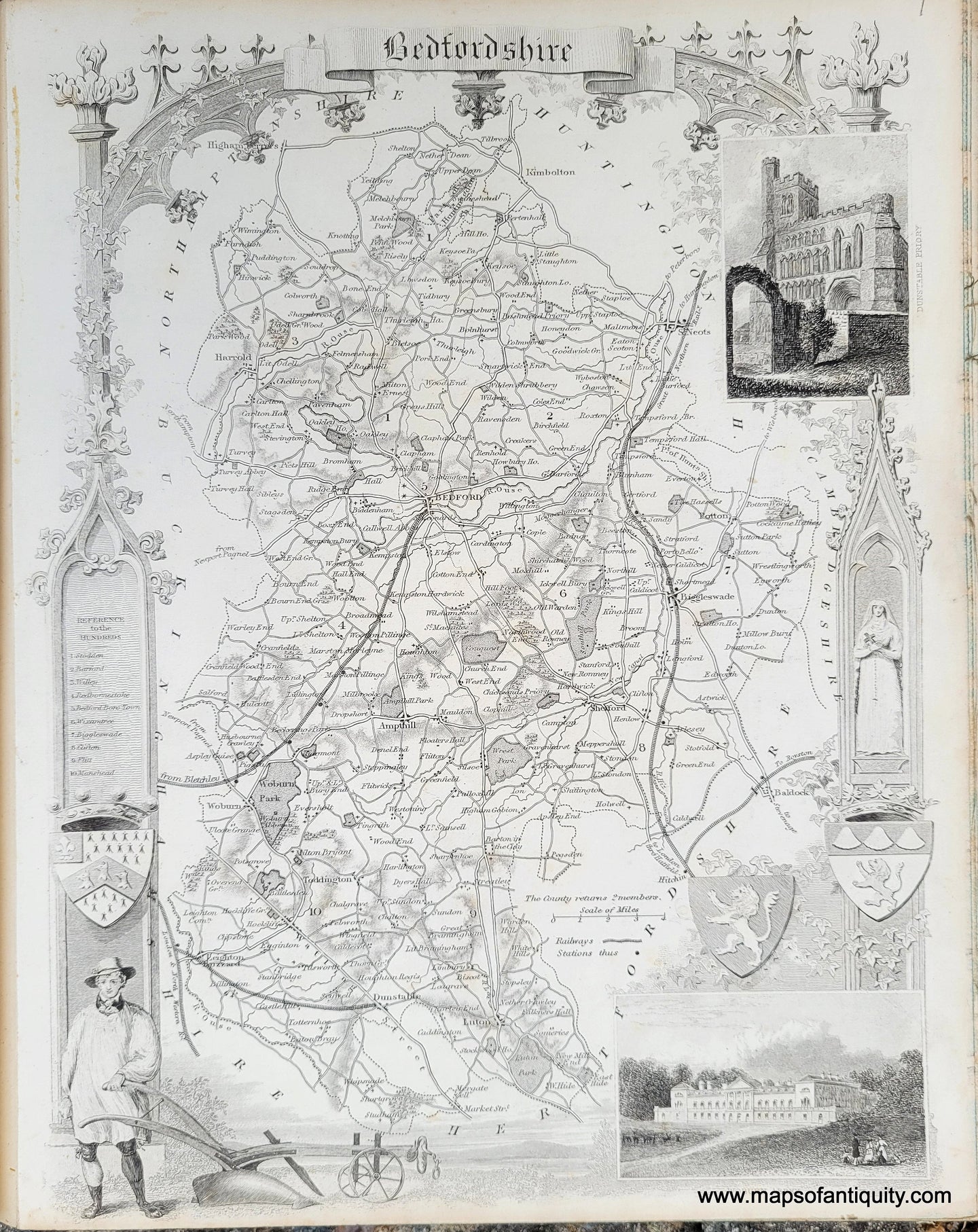Genuine-Antique-Map-Bedfordshire-1850-Virtue-Maps-Of-Antiquity