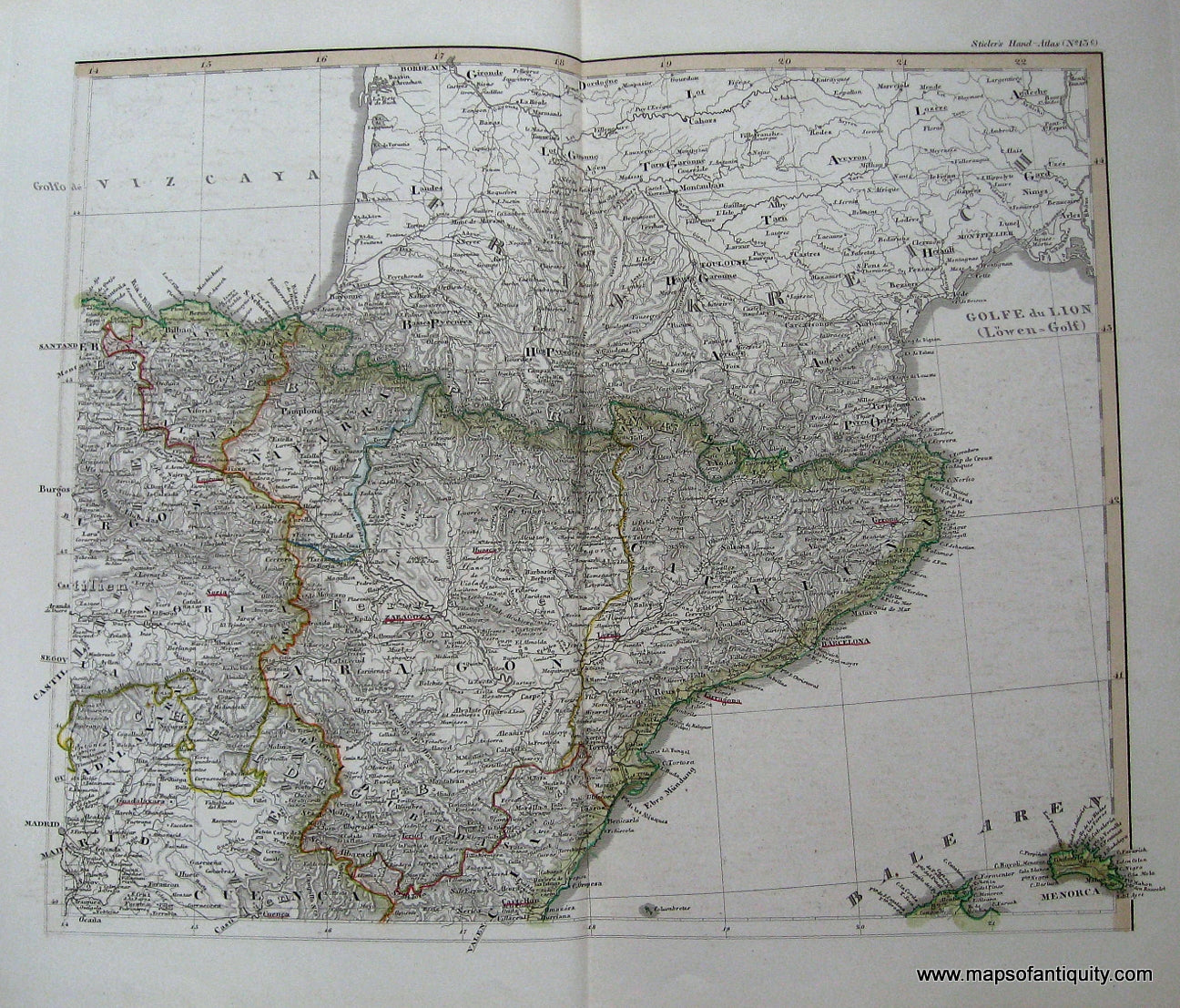 Antique-Hand-Colored-Map-Eintheiling-Spaniens.-Navarra-Catalina-Aragon.--Europe-Spain-and-Portugal-circa-1852-Stieler-Maps-Of-Antiquity